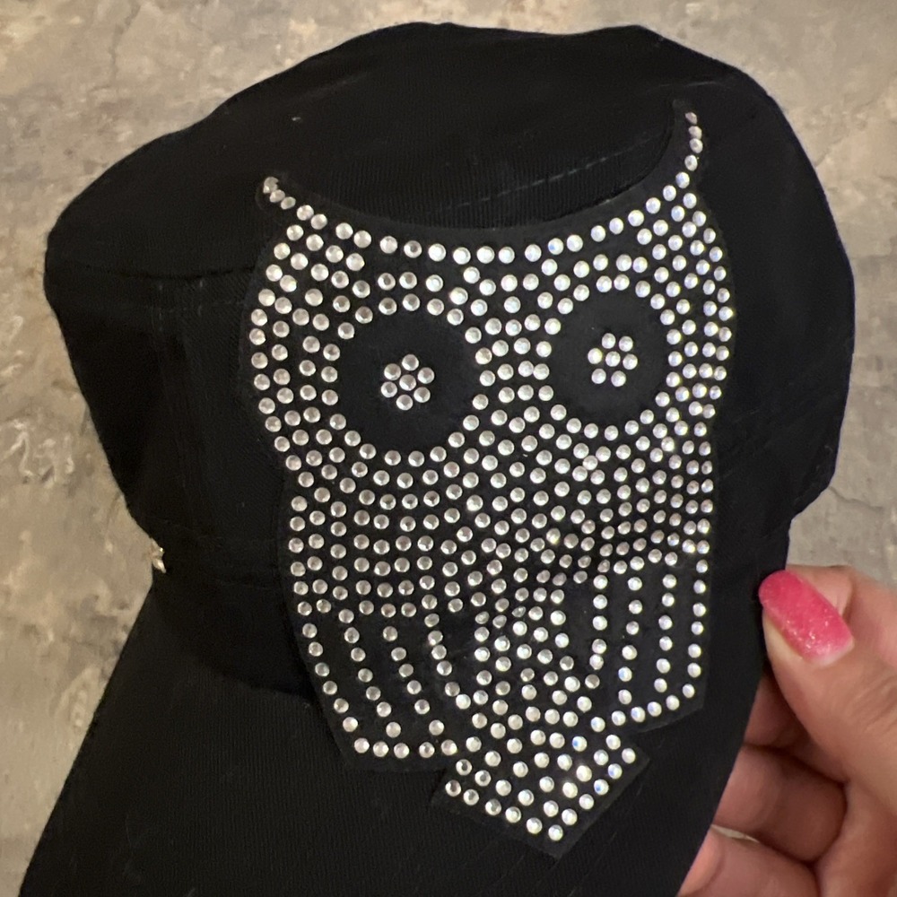Silver Owl Rhinestones Hat Adjustable Black Super Fit